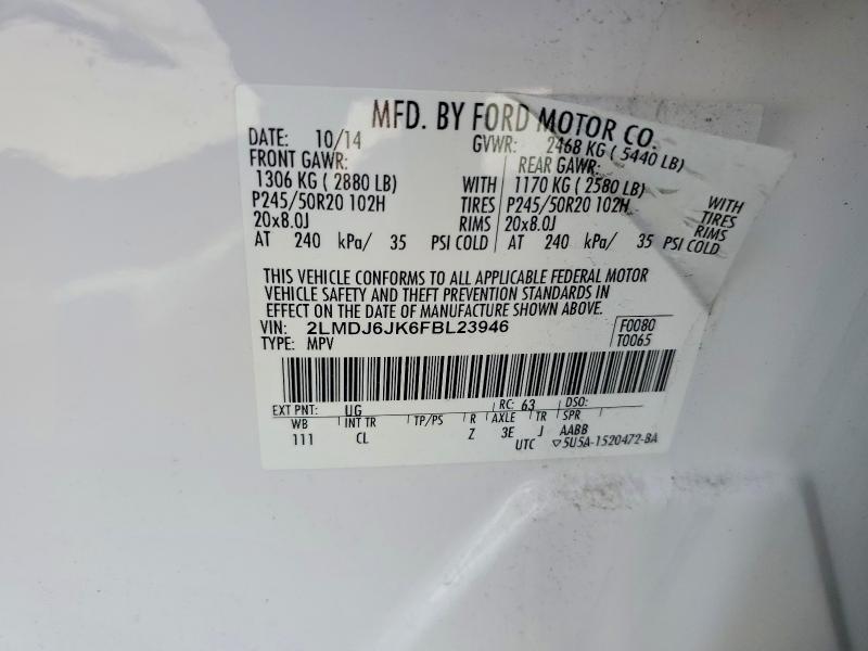 47323716 :رقم المزاد ، 2LMDJ6JK6FBL23946 vin ، 2015 Lincoln Mkx مزاد بيع