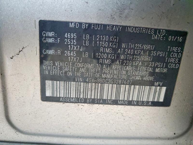 2016 Subaru Outback მანქანა იყიდება აუქციონზე, vin: 4S4BSBDC2G3287607, აუქციონის ნომერი: 79738365