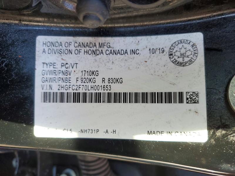 45923996 :رقم المزاد ، 2HGFC2F70LH001653 vin ، 2020 Honda Civic مزاد بيع