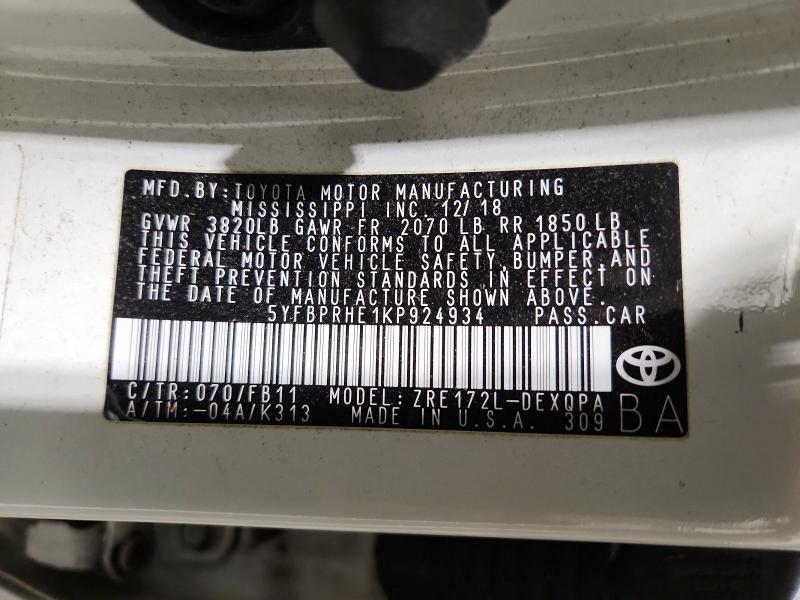 Продаж на аукціоні авто 2019 Toyota Corolla, vin: 5YFBPRHE1KP924934, номер лоту: 47967276