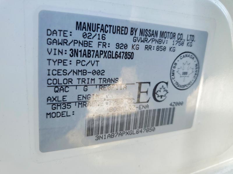 48313236 :رقم المزاد ، 3N1AB7APXGL647850 vin ، 2016 Nissan Sentra مزاد بيع