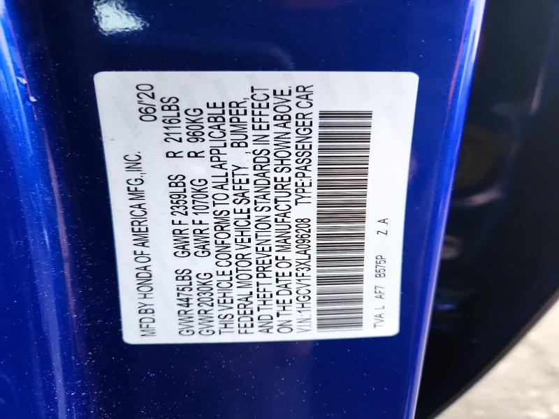 Aukcja sprzedaży 2020 Honda Accord, vin: 1HGCV1F3XLA096208, numer aukcji: 47731286