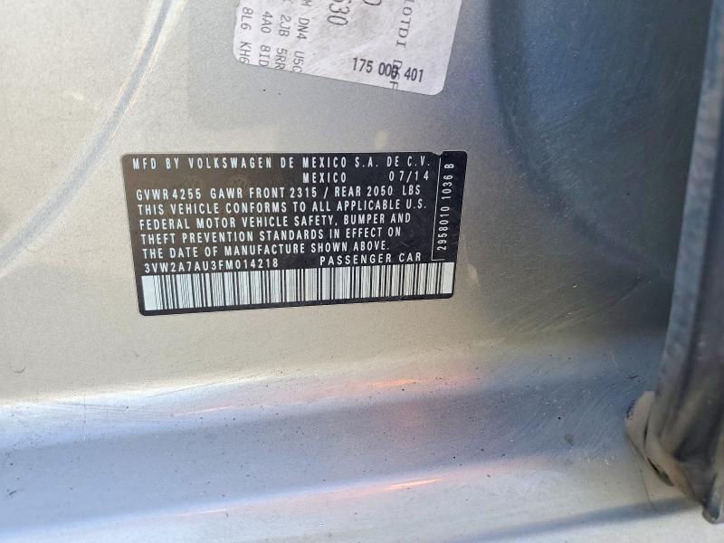 47553496 :رقم المزاد ، 3VW2A7AU3FM014218 vin ، 2015 Volkswagen Golf مزاد بيع