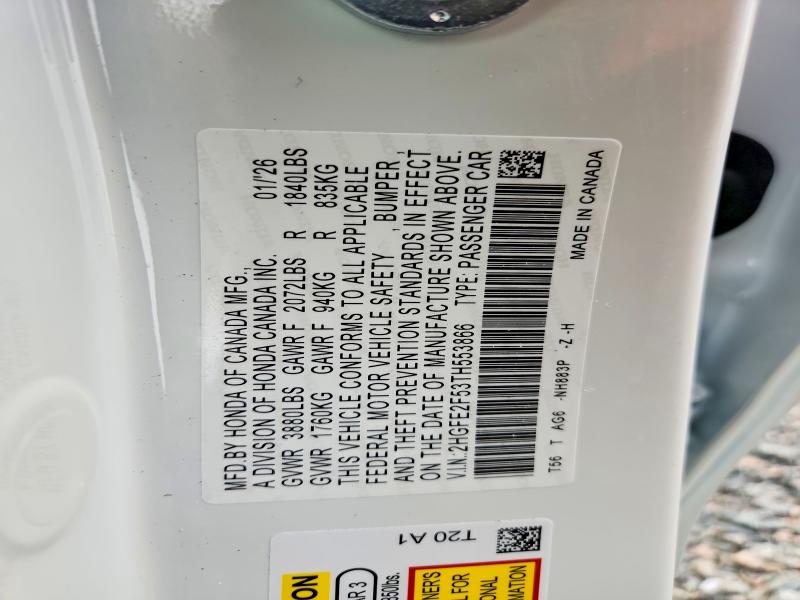 46114956 :رقم المزاد ، 2HGFE2F53TH553866 vin ، 2026 Honda Civic مزاد بيع