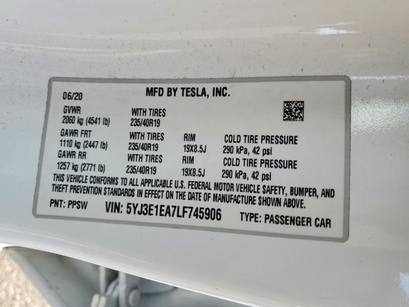 47608666 :رقم المزاد ، 5YJ3E1EA7LF745906 vin ، 2020 Tesla Model 3 مزاد بيع