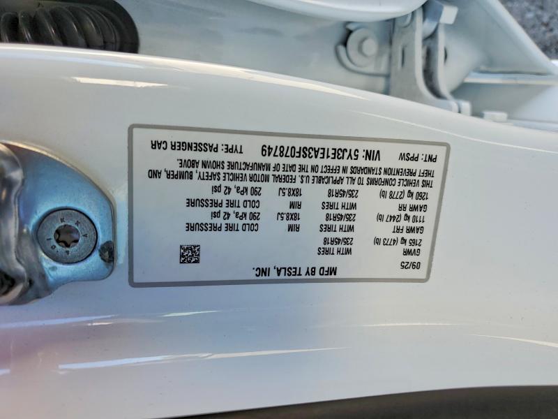 Aukcja sprzedaży 2025 Tesla Model 3, vin: 5YJ3E1EA3SF078749, numer aukcji: 46032786