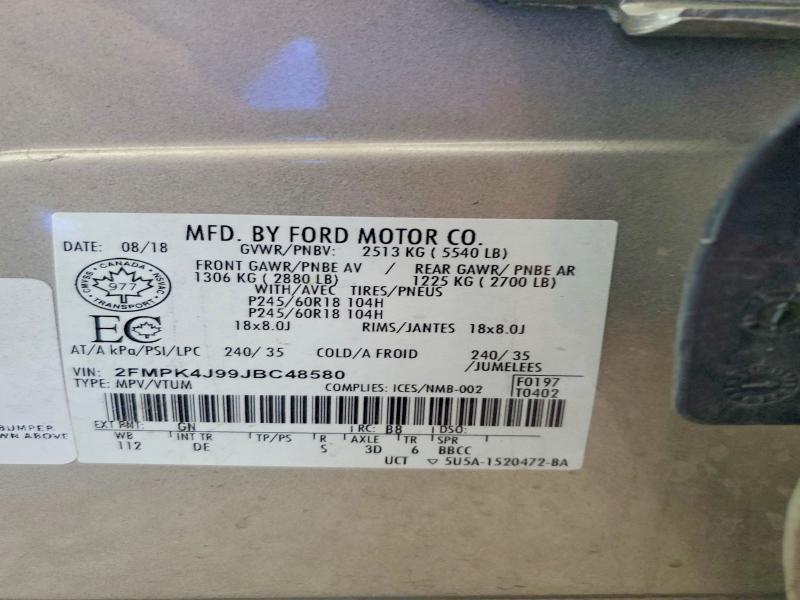 41992306 :رقم المزاد ، 2FMPK4J99JBC48580 vin ، 2018 Ford Edge مزاد بيع