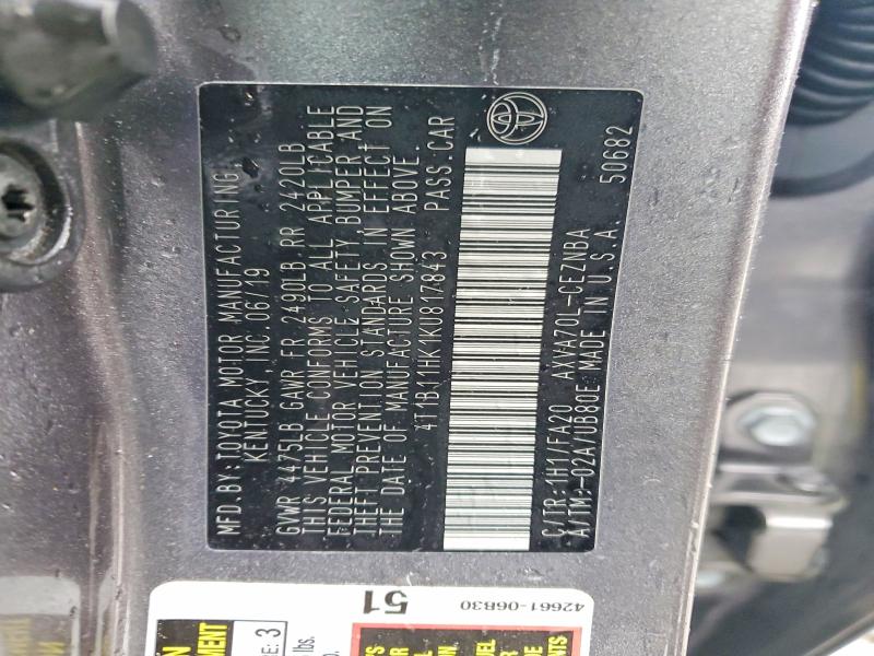 Aukcja sprzedaży 2019 Toyota Camry, vin: 4T1B11HK1KU817843, numer aukcji: 41646026