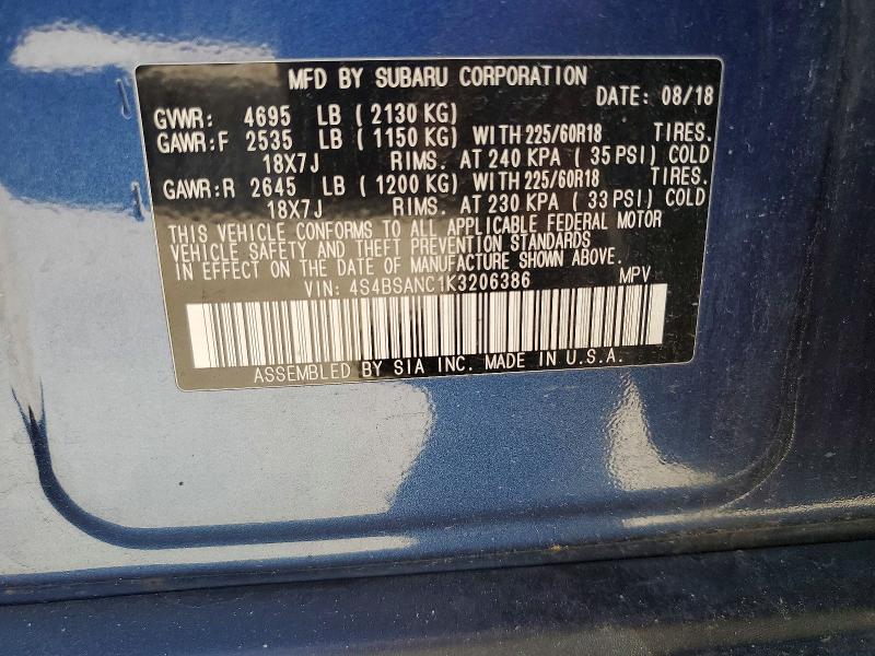 2019 Suba Outback მანქანა იყიდება აუქციონზე, vin: 4S4BSANC1K3206386, აუქციონის ნომერი: 45758616