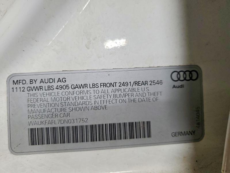 2013 Audi A4 მანქანა იყიდება აუქციონზე, vin: WAUKFAFL7DN031752, აუქციონის ნომერი: 47712516