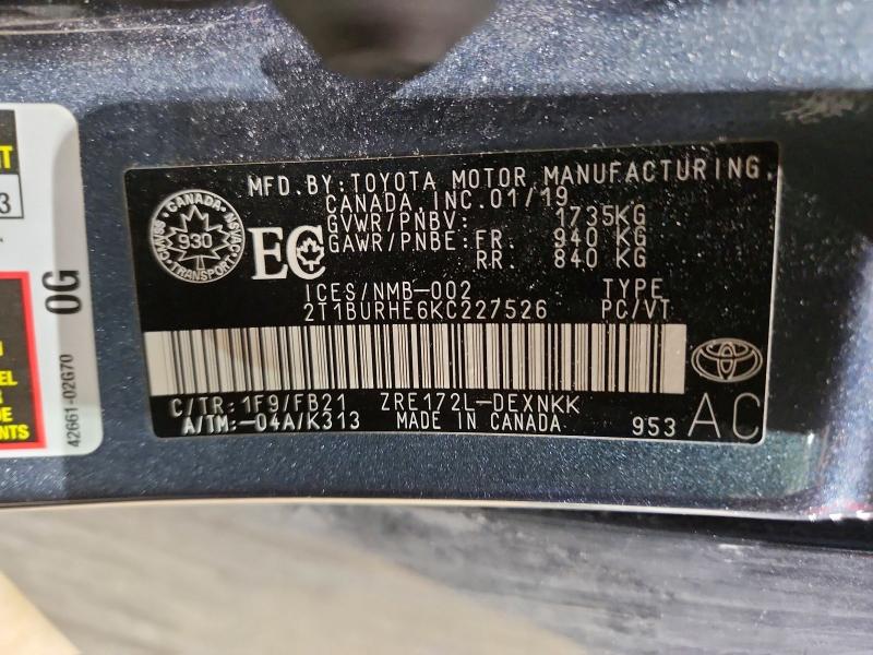 2019 Toyota Corolla მანქანა იყიდება აუქციონზე, vin: 2T1BURHE6KC227526, აუქციონის ნომერი: 45763726