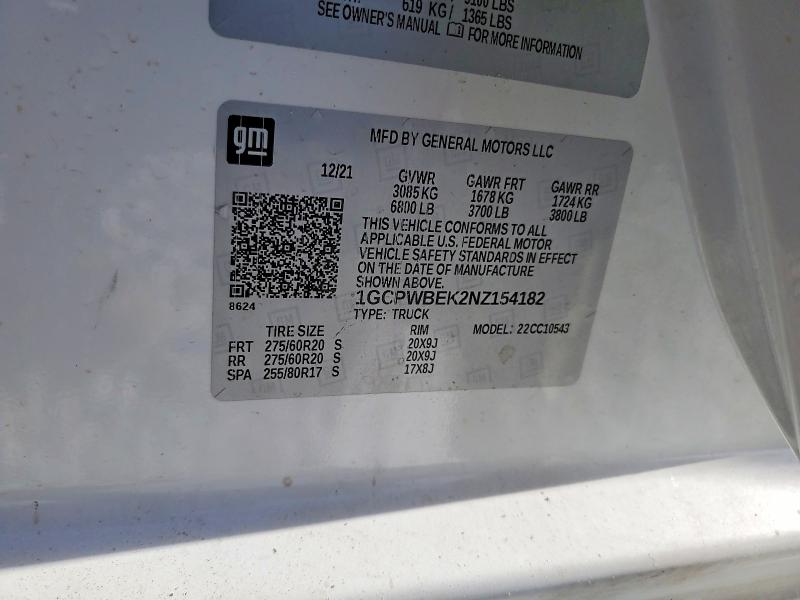 Aukcja sprzedaży 2022 Chevrolet Silverado Ltd, vin: 1GCPWBEK2NZ154182, numer aukcji: 48077406