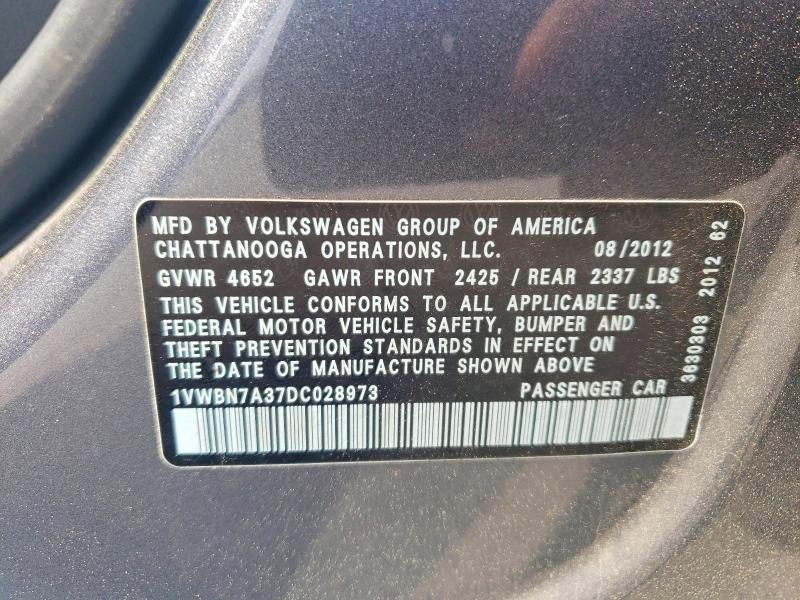 2013 Volkswagen Passat მანქანა იყიდება აუქციონზე, vin: 1VWBN7A37DC028973, აუქციონის ნომერი: 47630286