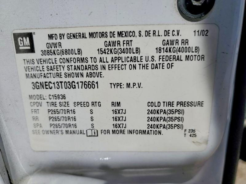 Aukcja sprzedaży 2003 Chevrolet Avalanche, vin: 3GNEC13T03G176661, numer aukcji: 45832586