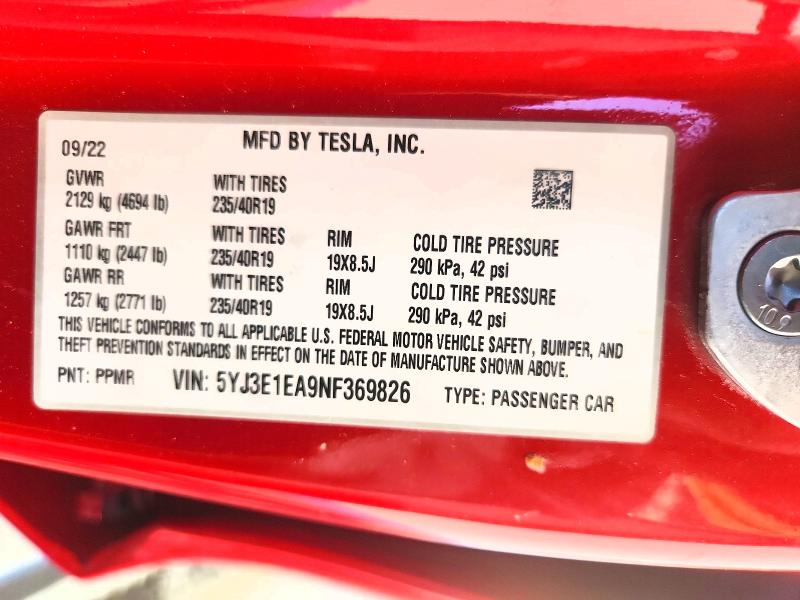 47102236 :رقم المزاد ، 5YJ3E1EA9NF369826 vin ، 2022 Tesla Model 3 مزاد بيع