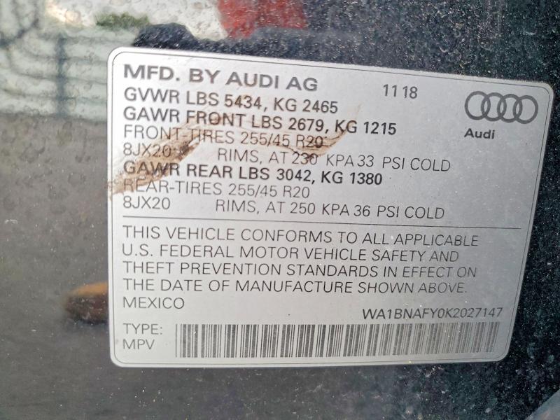 41668866 :رقم المزاد ، WA1BNAFY0K2027147 vin ، 2019 Audi Q5 مزاد بيع
