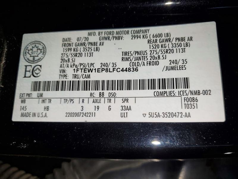 Продаж на аукціоні авто 2020 Ford F150, vin: 1FTEW1EP8LFC44836, номер лоту: 45921076