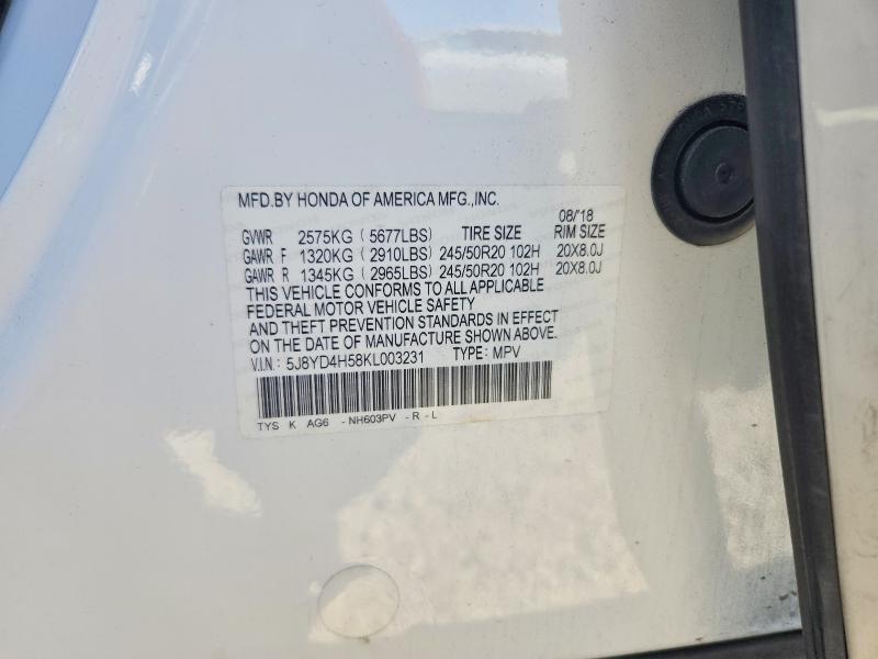 46537716 :رقم المزاد ، 5J8YD4H58KL003231 vin ، 2019 Acura Mdx مزاد بيع