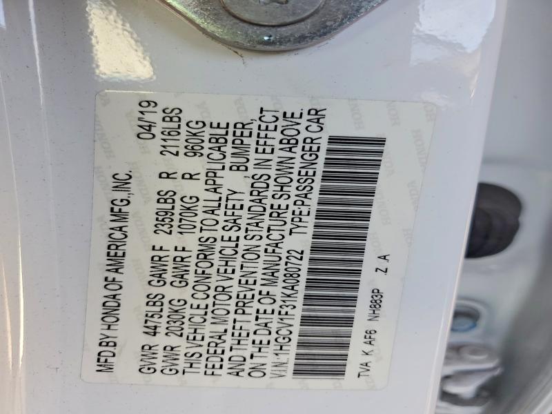 47959366 :رقم المزاد ، 1HGCV1F31KA080722 vin ، 2019 Honda Accord مزاد بيع