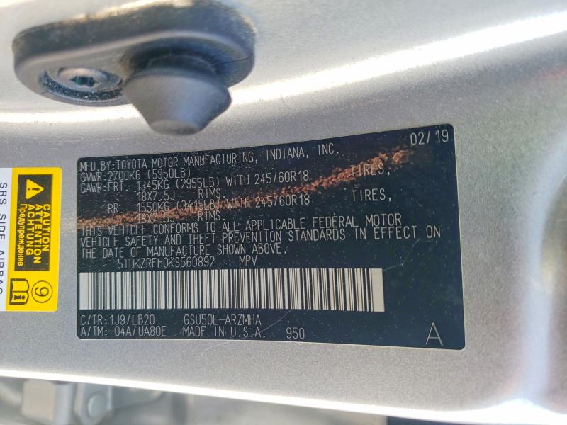 Aukcja sprzedaży 2019 Toyota Highlander, vin: 5TDKZRFH0KS560892, numer aukcji: 47346366