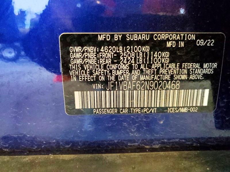 46178306 :رقم المزاد ، JF1VBAF62N9020468 vin ، 2022 Subaru Wrx مزاد بيع