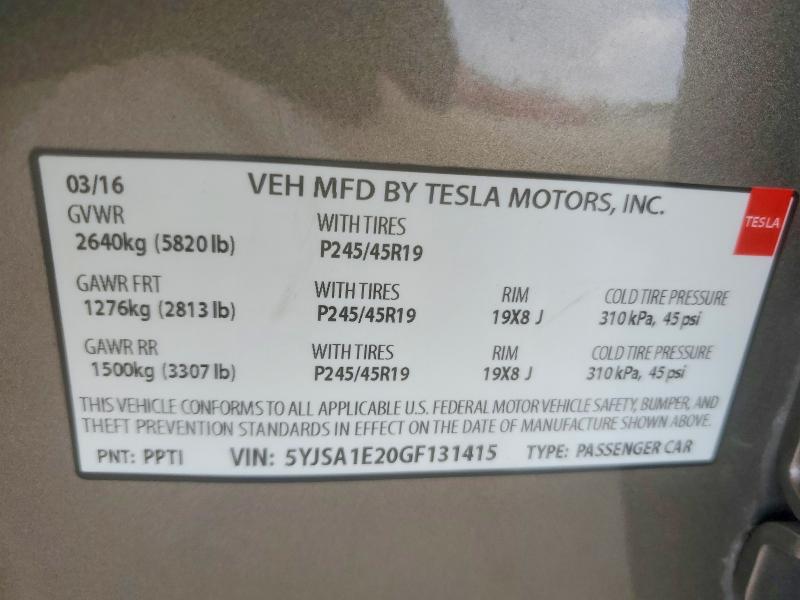 45991636 :رقم المزاد ، 5YJSA1E20GF131415 vin ، 2016 Tesla Model S مزاد بيع
