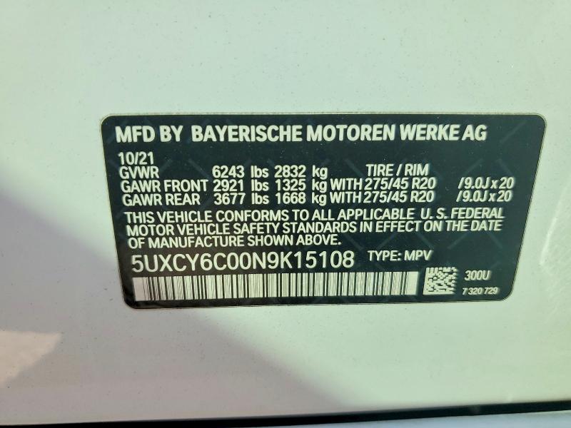 47522106 :رقم المزاد ، 5UXCY6C00N9K15108 vin ، 2022 Bmw X6 مزاد بيع