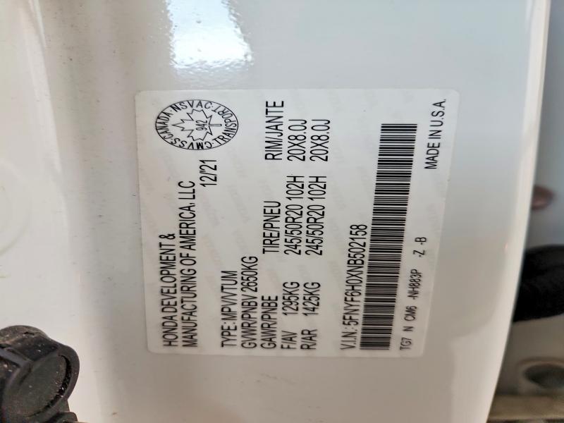 Продажа на аукционе авто 2022 Honda Pilot, vin: 5FNYF6H0XNB502158, номер лота: 45653506