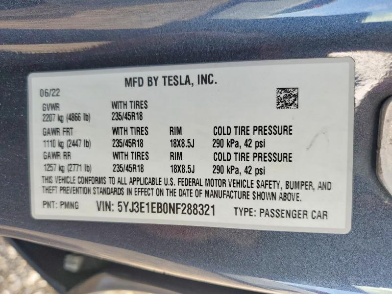 Aukcja sprzedaży 2022 Tesla Model 3, vin: 5YJ3E1EB0NF288321, numer aukcji: 46606306