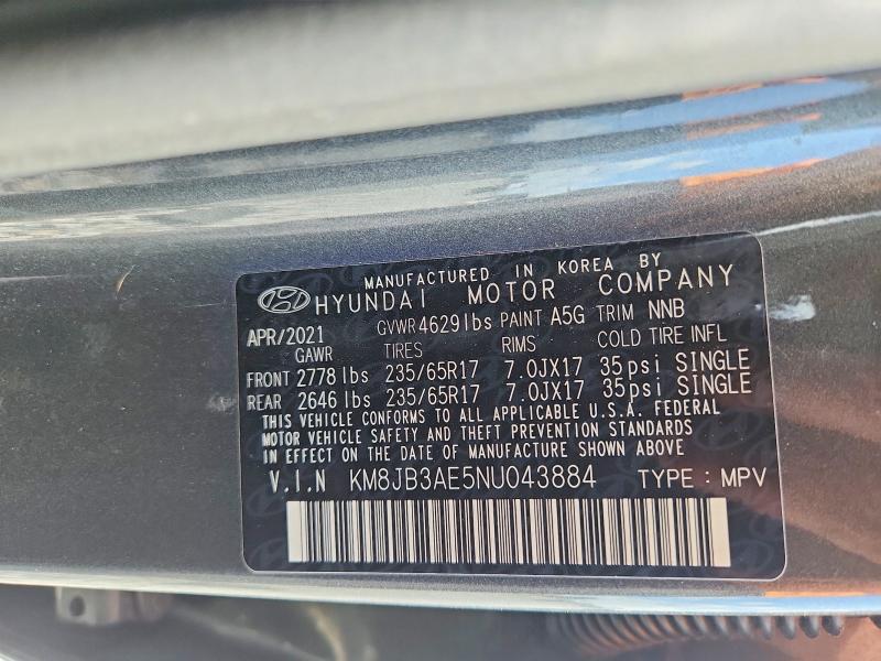 48086616 :رقم المزاد ، KM8JB3AE5NU043884 vin ، 2022 Hyundai Tucson مزاد بيع