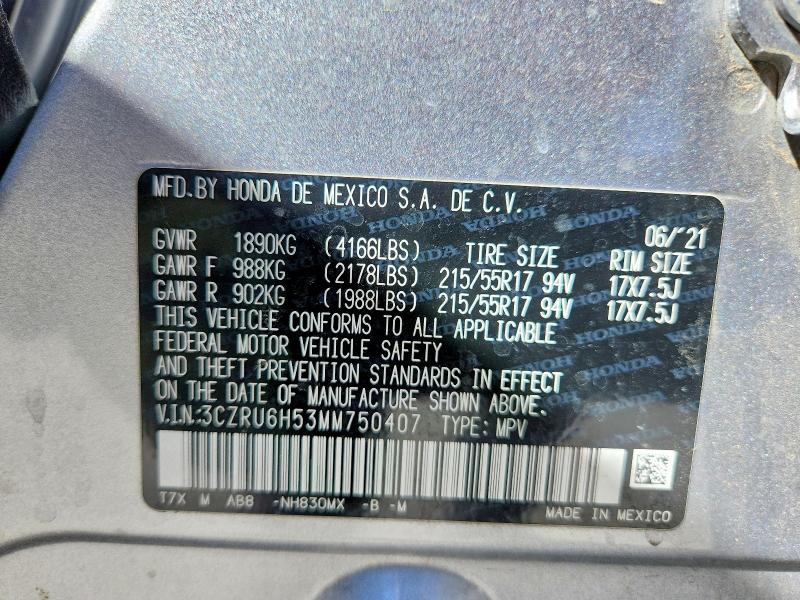 41999376 :رقم المزاد ، 3CZRU6H53MM750407 vin ، 2021 Honda Hr-v مزاد بيع