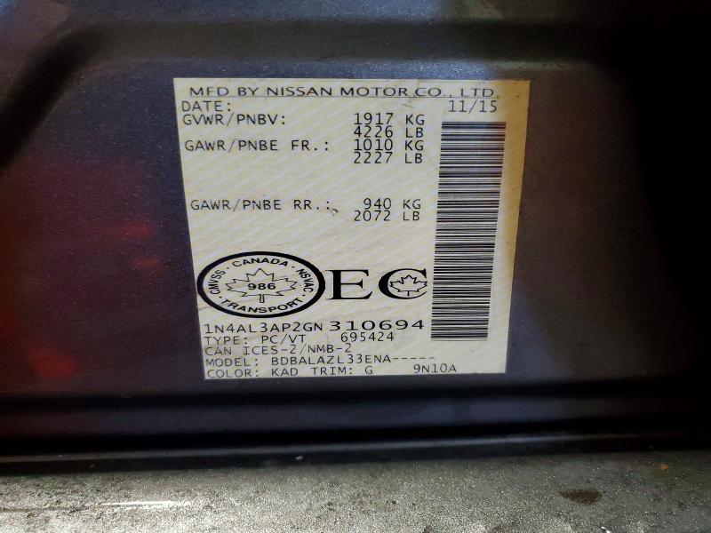 46092676 :رقم المزاد ، 1N4AL3AP2GN310694 vin ، 2016 Nissan Altima مزاد بيع