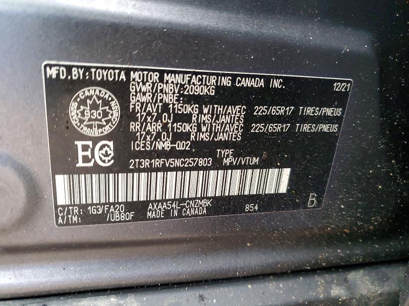 79119065 :رقم المزاد ، 2T3R1RFV5NC257803 vin ، 2022 Toyota Rav4 مزاد بيع