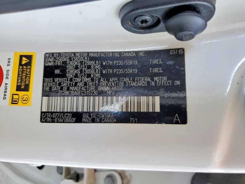 47282416 :رقم المزاد ، 2T2BK1BA0FC315230 vin ، 2015 Lexus Rx 350 مزاد بيع