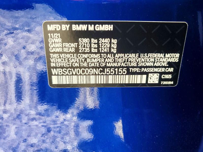 45568366 :رقم المزاد ، WBSGV0C09NCJ55155 vin ، 2022 Bmw M8 مزاد بيع