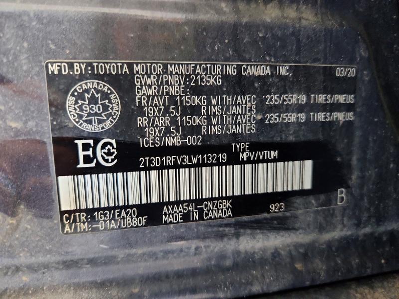 42060686 :رقم المزاد ، 2T3D1RFV3LW113219 vin ، 2020 Toyota Rav4 مزاد بيع