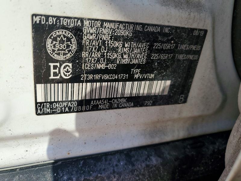 Aukcja sprzedaży 2019 Toyota Rav4, vin: 2T3R1RFV6KC041731, numer aukcji: 78842025