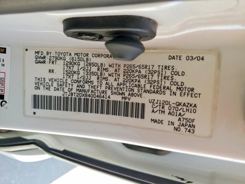 47991636 :رقم المزاد ، JTJBT20X840046414 vin ، 2004 Lexus Gx 470 مزاد بيع