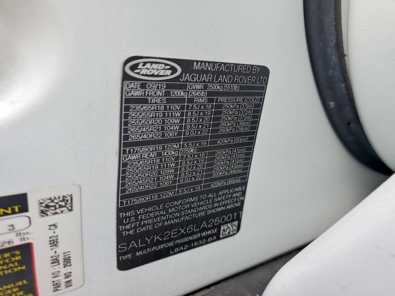 2020 Land Rover Range Rover Velar მანქანა იყიდება აუქციონზე, vin: SALYK2EX6LA250011, აუქციონის ნომერი: 79440525