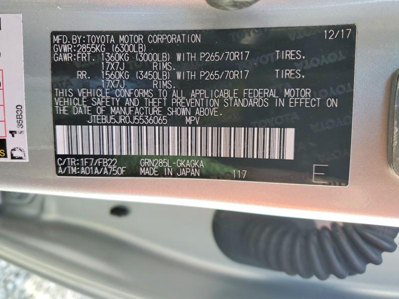 2018 Toyota 4runner მანქანა იყიდება აუქციონზე, vin: JTEBU5JR0J5536065, აუქციონის ნომერი: 47431746