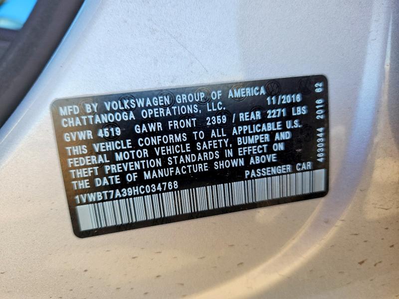 Продаж на аукціоні авто 2017 Volkswagen Passat, vin: 1VWBT7A39HC034768, номер лоту: 46240736