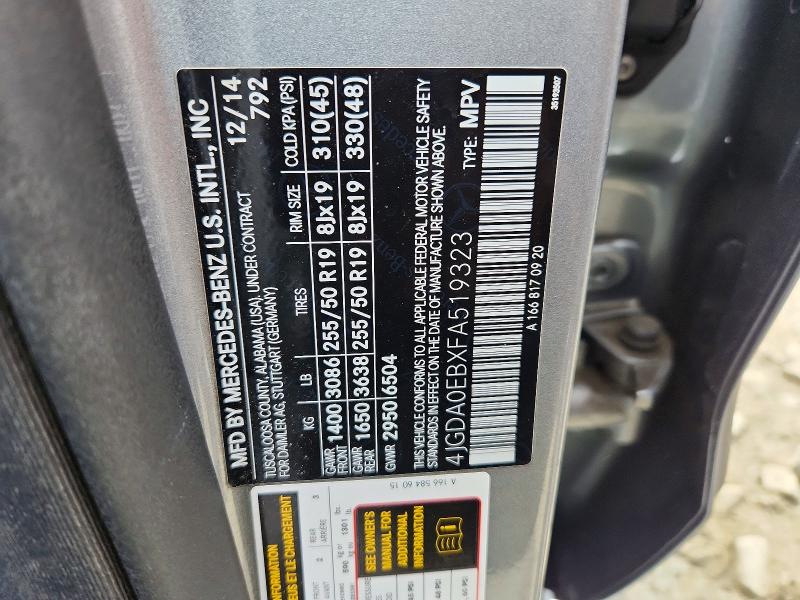 46941056 :رقم المزاد ، 4JGDA0EBXFA519323 vin ، 2015 Mercedes-benz Ml مزاد بيع