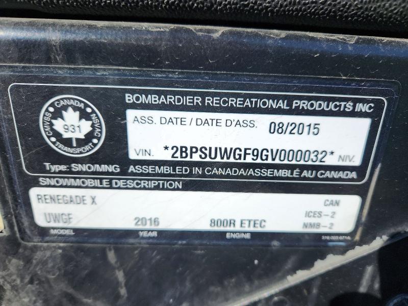 46273096 :رقم المزاد ، 2BPSUWGF9GV000032 vin ، 2016 Ski Renegade مزاد بيع