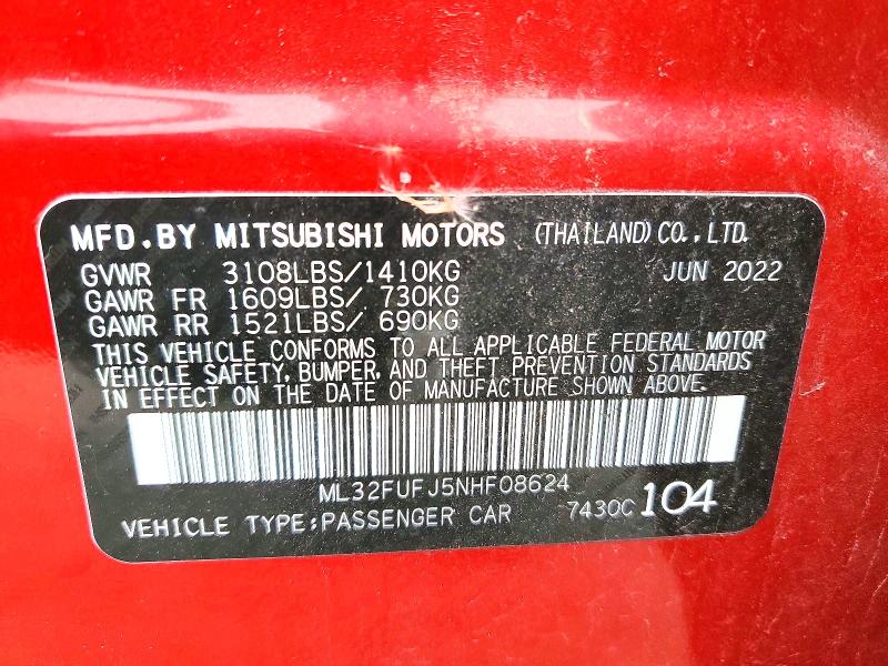 2022 Mitsubishi Mirage მანქანა იყიდება აუქციონზე, vin: ML32FUFJ5NHF08624, აუქციონის ნომერი: 79187455