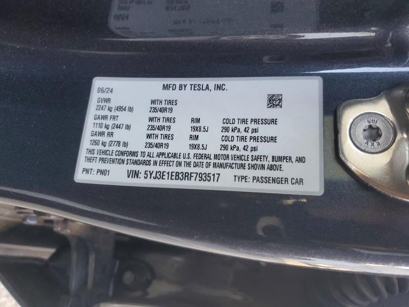 Продажа на аукционе авто 2024 Tesla Model 3, vin: 5YJ3E1EB3RF793517, номер лота: 45502366