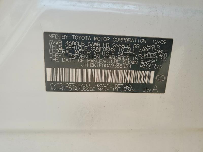 41712646 :رقم المزاد ، JTHBK1EG0A2368424 vin ، 2010 Lexus Es 350 مزاد بيع