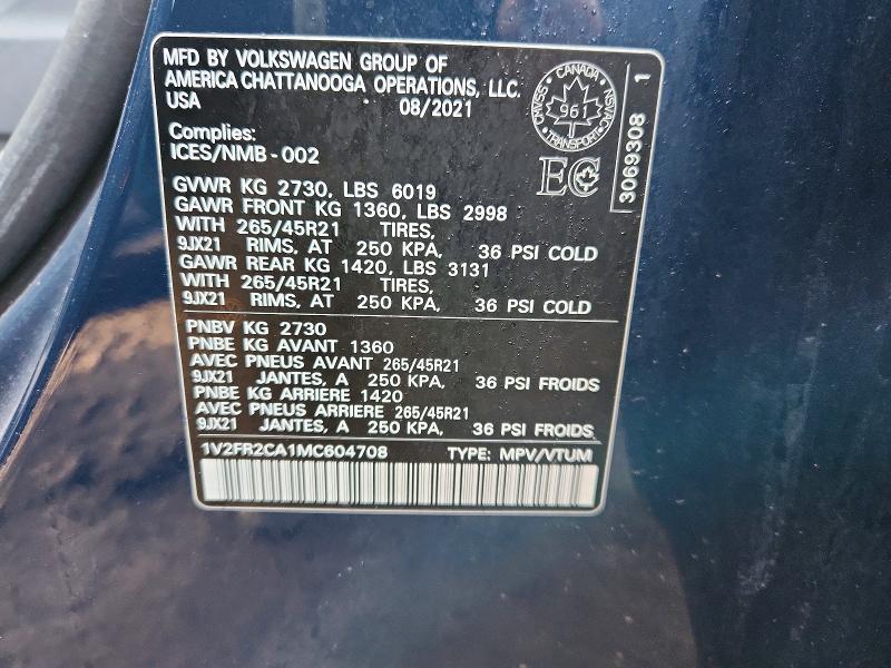 Aukcja sprzedaży 2021 Volkswagen Atlas, vin: 1V2FR2CA1MC604708, numer aukcji: 47103626