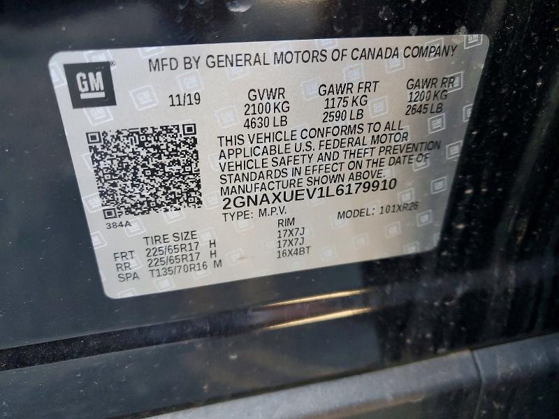 Aukcja sprzedaży 2020 Chevrolet Equinox, vin: 2GNAXUEV1L6179910, numer aukcji: 46614586