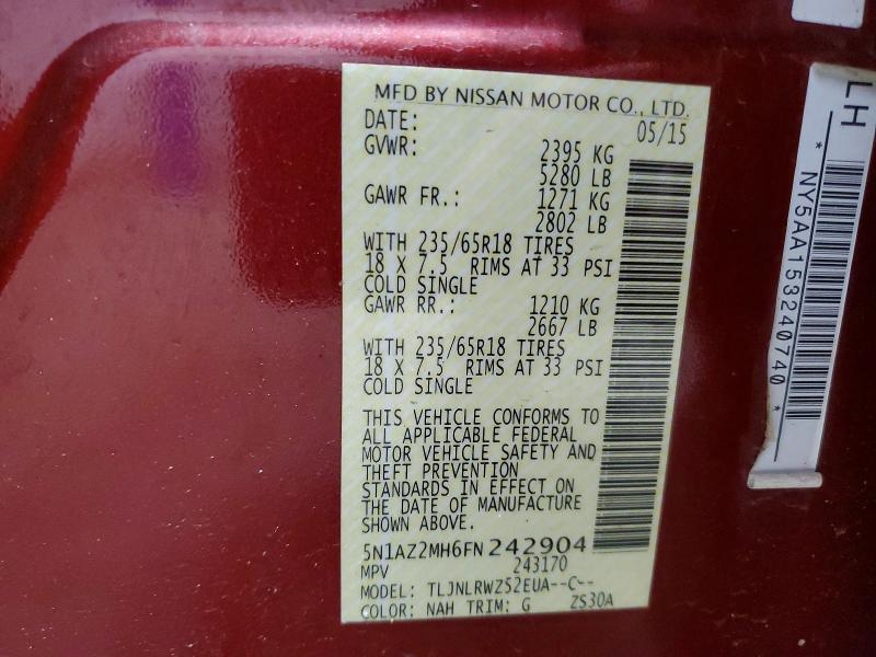 Продажа на аукционе авто 2015 Nissan Murano, vin: 5N1AZ2MH6FN242904, номер лота: 47356676