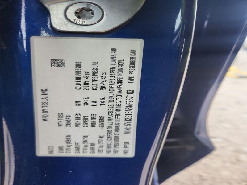 46902256 :رقم المزاد ، 5YJ3E1EA8NF287103 vin ، 2022 Tesla Model 3 مزاد بيع